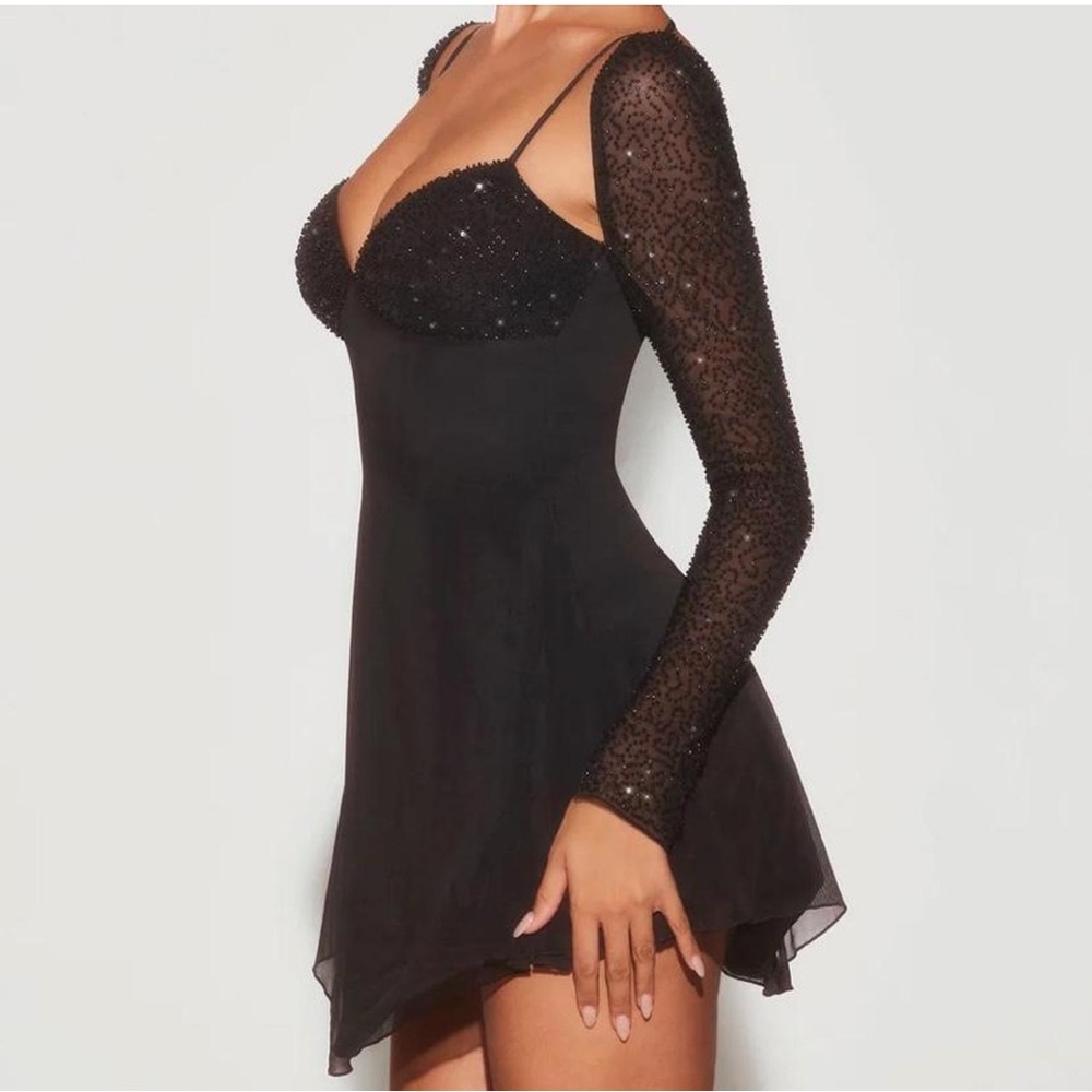 Oh Polly Naples Black Embellished Mesh Sleeve Mini Dress Size 2 Party birthday - Picture 3 of 16